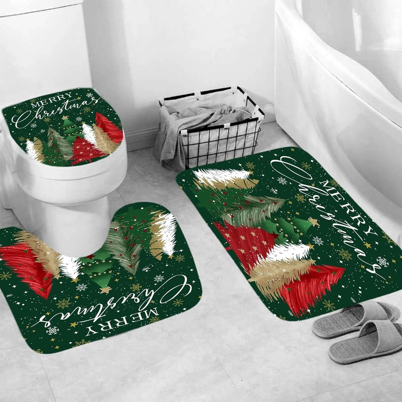 Apear1 4Pcs Merry Christmas Shower Curtain Set Xmas Tree Snowflake Shower Curtain for Christmas Bathroom Decor with Anti-Slip Waterproof Bathtub Bathroom Rugs Toilet Lid (Green) - Image 4